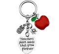 Detail of teacher keychain with red apple charm and engraved heart-shaped metal tag - Heart Tag Style (BY-0215-A1)