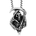 Gothic punk Grim Reaper skull pendant with scythe on silver steel chain for men - Pendant + Stainless Steel Chain