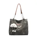 Grey canvas tote bag with brown leather handles and cute cloud charm accessory - With Cloud Pendant / Black