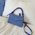 Blue denim texture crossbody small square bag with leather handle and gold hardware - Blue