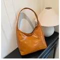Brown large capacity tote bag in glossy faux leather with outer pocket for women - Dark Brown