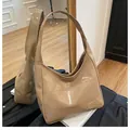 Minimalist large khaki brown tote bag in glossy synthetic leather with shoulder strap - Khaki