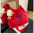 Red lightweight casual tote bag with blue Beach print and cute toast plush pendant - With Pendant / Red