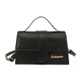 Elegant black faux leather crossbody bag with top handle and gold logo detail - Black