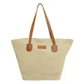 Sac fourre-tout en paille tissée beige avec anses en cuir marron pour vacances à la plage - Kaki
