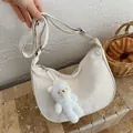 White faux leather hobo shoulder bag with textured finish and plush bear charm - With Pendant / White