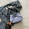 Light blue striped bow handbag with black heart print and silver heart charm pendant - No Pendant / Sky Blue