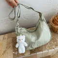 Chic sage green crescent hobo bag with a soft pleated texture and cute bear charm - With Pendant / Green