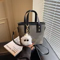 Grey canvas bucket bag with black leather trim and cute white plush ball pendant - With Pendant / Black
