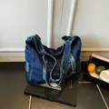 Minimalist large dark blue denim tote bag with distressed frayed details and strap - Dark Blue