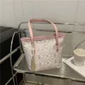 Chic beige and pink embroidered tote bag with bohemian patterns and fringe tassel - Pink