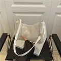 Minimalist silver sequin underarm bag for women with chain strap and white leather trim - White