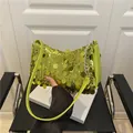 Y2K fluorescent green sequin shoulder bag with silver chain and leather strap - Green