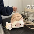 Μίνι μπεζ σακίδιο πλάτης Toast Cat με τσέπη γάτα και βελούδινο μπρελόκ κουνελάκι - Με Κρεμαστό / Ανοιχτό Καφέ