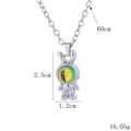 Polished silver bunny astronaut moonstone pendant necklace with 60cm cross chain - Rainbow Iridescent Mask Style (BY-0355-A)