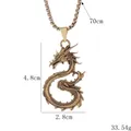 Vintage bronze dragon pendant necklace with 70cm chain showing detailed dimensions - Gold