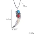 Men's punk wolf tooth necklace with turquoise and red stones on a 70cm silver chain - Wolf Tooth with Red Blue Rhinestone Style (BY-0170) / Silver