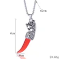 Collier tête de dragon vintage avec pendentif croc rouge et chaîne en acier 60cm - Rouge