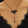 Gothic bat Y-necklace with red ruby gemstone and black teardrop pendant on model - Glossy Black 0254