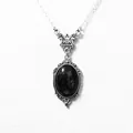 Vintage versilberte Halskette mit großem ovalem schwarzem Stein im Gothic-Stil - Reines Schwarz