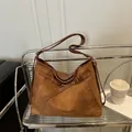 Minimalist brown suede-like large capacity tote bag with leather strap adjustment - Dark Brown