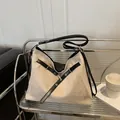 Minimalist beige and black contrast large capacity shoulder tote bag with decorative strap - Khaki