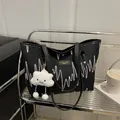 Large black canvas tote bag with colorful wave embroidery and white cloud pendant - With Pendant / Black