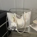 Beige canvas tote bag with colorful wave embroidery and fluffy cloud charm accessory - With Pendant / White