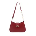 Borsa hobo bordeaux retrò in pelle cerata con logo W dorato e tracolla a catena - Rosso