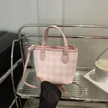 Pink and white gingham checkered tote bag with adjustable leather shoulder strap - Pink