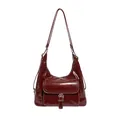 Bolso tote vintage rojo oscuro con acabado brillante y hebilla plateada frontal - Sin colgante / Rojo