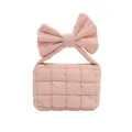 Pink quilted down tote bag with large decorative bow and elegant gold zipper closure - Pink