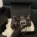 Dark brown punk motorcycle shoulder bag with silver studs and metal buckle in gift box - Dark Brown