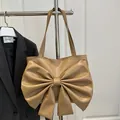 Fashionable khaki tote bag with a large decorative bow and elegant pleated design - Khaki