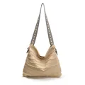 Beige canvas hobo tote bag featuring bohemian fringe and geometric woven shoulder strap - Khaki