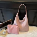 Pink faux suede large hobo shoulder bag set with matching inner pouch for women - Pink