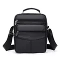 Men's black genuine leather shoulder bag with lychee texture and multiple zip pockets - Black