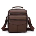 Men's dark brown cross-body bag in lychee pattern leather with multi-zipper compartments - Tan