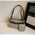 Khaki canvas and brown leather crossbody bag set with detachable small coin purse - Main Bag And Mini Pouch / Khaki