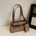 Chic vintage brown crossbody bag with distressed leather texture and small coin pouch - Main Bag And Mini Pouch / Coffee