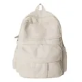 Mochila minimalista de pana beige para estudiantes con textura suave y bolsillos laterales - Blanco