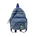 Mini washed blue denim backpack with rainbow patch and dark blue straps - Regular / Blue