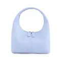 Minimalist light blue leather dumpling handbag with a unique curved top handle - Blue