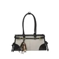 Sac à main en toile de lin avec garniture en cuir noir et breloque à pompon perlé - Noir