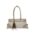 Sac bandoulière en toile de lin avec finitions cuir brun et pompon en perles de bois - Kaki