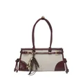 Sac fourre-tout en toile crème avec garniture en cuir bordeaux et pompon perlé coloré - Rouge