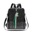 Black leather backpack with silver rhinestones and a metal bear keychain charm - With Pendant / Black
