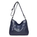 Large capacity dark blue crossbody bag for middle-aged women with triple front zippers - Blue