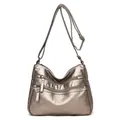 Metallic bronze washed faux leather crossbody bag with multiple front zipper pockets - Bronze