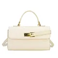Chic woven ivory white crossbody bag with gold twist lock and a top handle strap - White